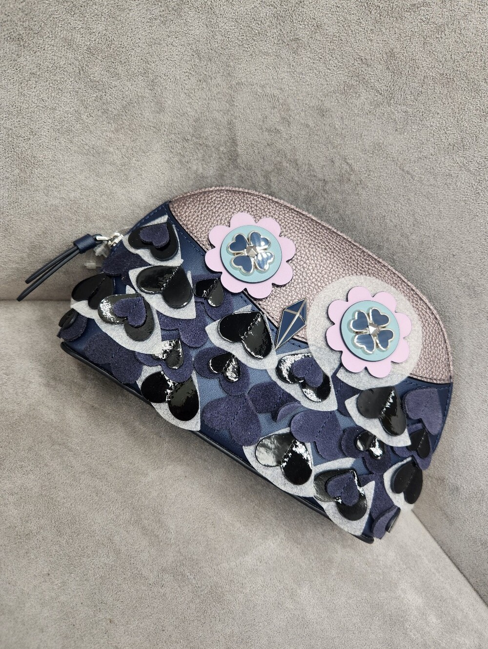 Kate Spade Cosmetic Bag M Blue Grey Leather Zibbi 3D Owl Heart Logo Gift New$130